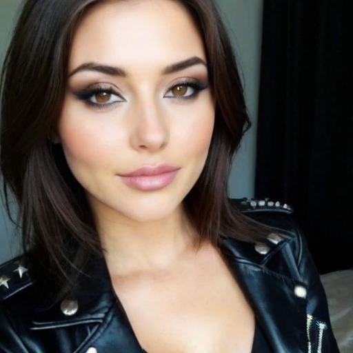 Close-up portrait of a woman with bold makeup, wearing black leather jacket with silver studs, soft lighting, neutral background, confident expression