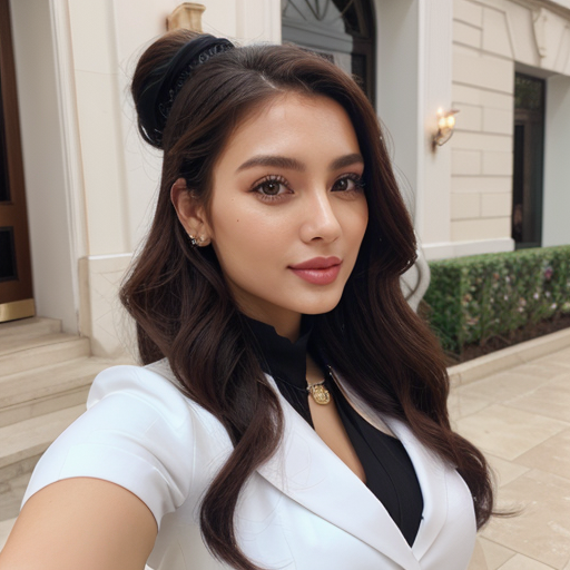 Elegant woman in white blazer and black top taking a selfie outdoors near luxury building with modern architecture and lush greenery