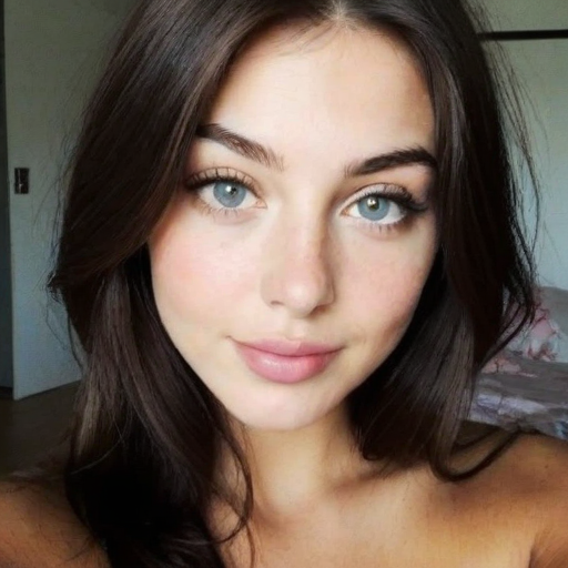 Photorealistic close-up portrait of a woman with long dark brown hair, light blue eyes, and soft makeup in a natural indoor setting with warm tones and serene expression