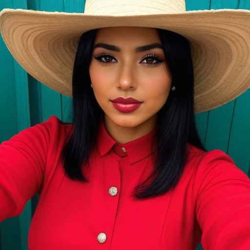 Photorealistic portrait of a woman wearing a wide-brimmed straw hat and vibrant red blouse against a teal wooden background with bold red lips and elegant makeup