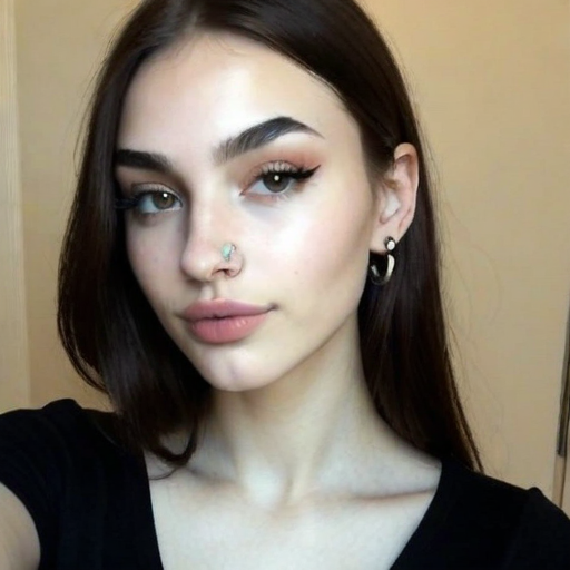 Photorealistic Portrait of a Woman with Dark Brown Hair, Elegant Makeup, Gold Hoop Earrings, and Nose Piercing in Warm Lighting