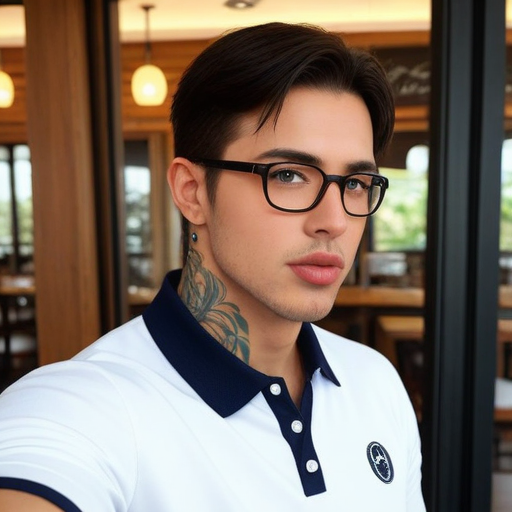 Photorealistic portrait of a young man with black glasses, neck tattoo, white polo shirt with navy collar, modern café background, bright lighting, confident mood, casual fashion style