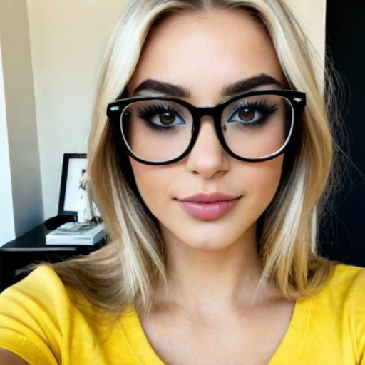 Stylish portrait of a blonde woman in black glasses and a vibrant yellow top with soft lighting and elegant makeup