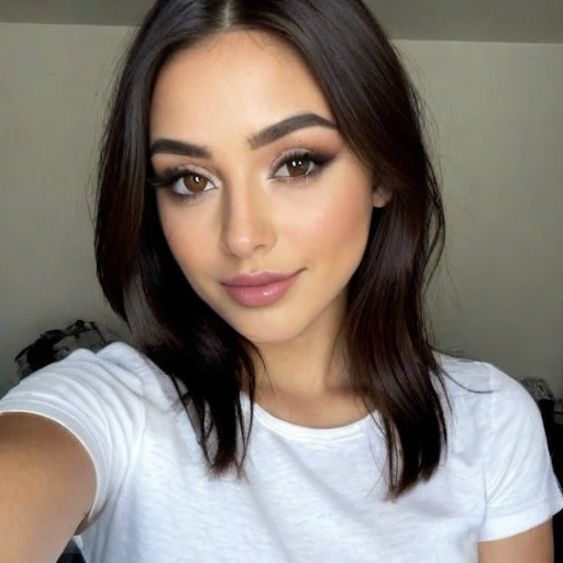 Close-up photograph of a woman with long brown hair, soft makeup, and white t-shirt in casual indoor setting, capturing natural beauty and serene mood