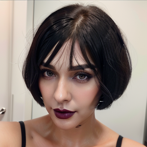 Photorealistic close-up portrait of a confident woman with sleek short dark bob hairstyle, deep purple lipstick, and defined makeup capturing bold fashion and natural lighting aesthetics