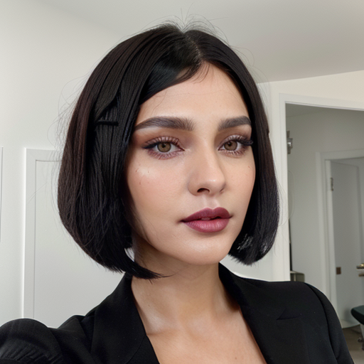Photorealistic portrait of a stylish woman with short black bob hair, bold makeup, and black blazer in modern interior, capturing elegance and confidence