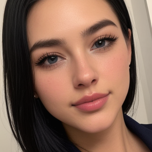 Photorealistic Portrait of a Woman with Long Straight Black Hair, Blue Eyes, Soft Natural Makeup, Elegant Dark Clothing, Studio Lighting, Serene Expression for Fashion and Beauty Photography