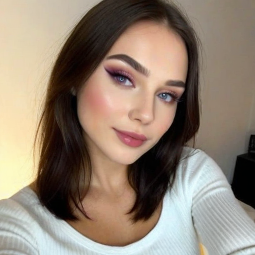 Stunning Portrait of a Woman with Bold Purple Eyeshadow and Blush Makeup in Soft Indoor Lighting