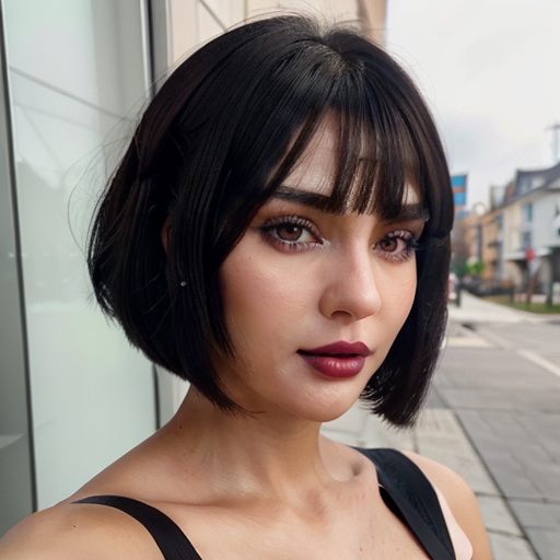 Stylish Portrait of a Woman with Black Bob Hair and Bold Red Lipstick in Urban Setting, Photorealistic, Modern Fashion, Mysterious Mood, Natural Lighting