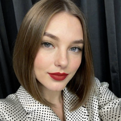 Stylish portrait of a woman with sleek brown bob hairstyle, bold red lipstick, and white polka dot blouse in modern fashion photography