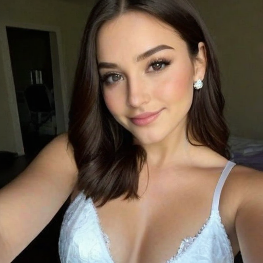 Stylish Woman in White Lace Wedding Dress with Elegant Makeup and Diamond Earrings Photography Selfie