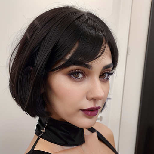 Close-up portrait of a woman with dark short bob hairstyle, bold purple lipstick, and elegant black choker necklace - photorealistic style capturing sophisticated beauty and detailed makeup