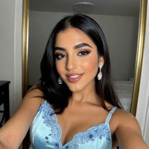 Elegant Selfie Portrait of a Woman in Light Blue Lace Dress with Pearl Earrings, Professional Makeup, and Modern室内 Setting with Gold-Trimmed Mirror