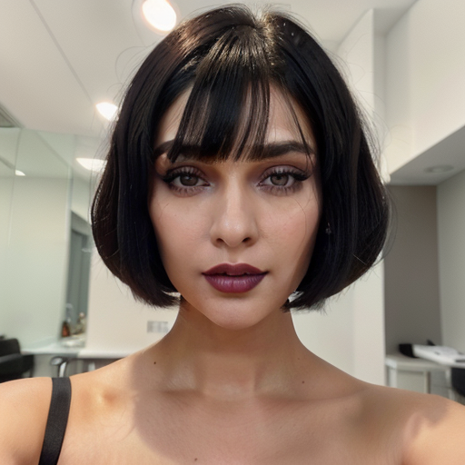 Photorealistic portrait of a woman with sleek black bob haircut, bold dark purple lipstick, and dramatic eye makeup in a modern salon setting