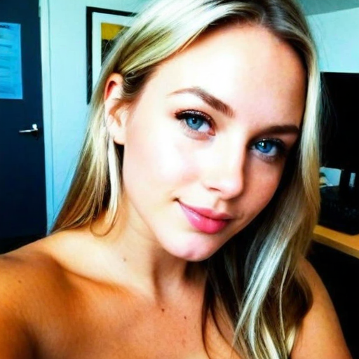 Portrait of a Confident Young Woman with Long Blonde Hair and Blue Eyes in Natural Indoor Lighting, Photorealistic Fashion Photography with Warm Tones