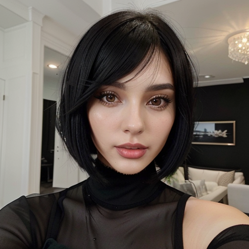 Stylish portrait of a woman with short black bob hairstyle wearing sheer black top in modern home interior with chandelier and black-and-white decor showcasing beauty makeup and confident mood