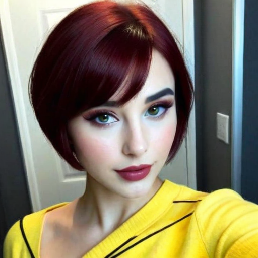 Stylish portrait of a woman with vibrant red bob haircut, bold makeup, and a bright yellow sweater with black accents captured in photorealistic selfie style