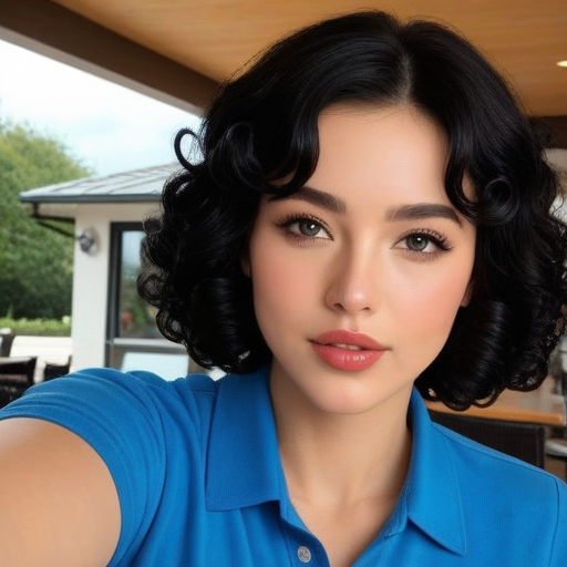 Stylish portrait of a woman with vintage curls wearing a blue polo shirt in an outdoor café setting, capturing modern elegance with vibrant colors and warm summer mood in photorealistic photography