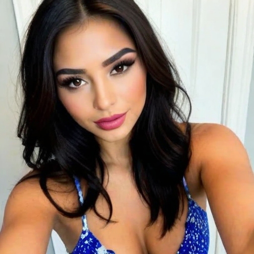 Stunning Photorealistic Portrait of a Woman with Long Dark Wavy Hair, Bold Pink Lipstick, and Sparkling Blue Dress - Confident Selfie Shot with Soft Lighting and Glamorous Makeup Details
