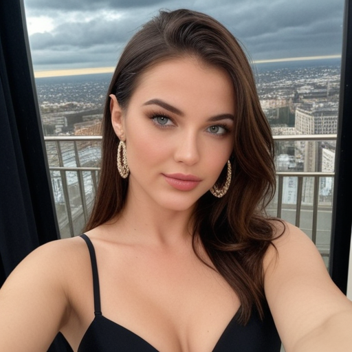 Stylish woman in black dress taking selfie on rooftop with panoramic city skyline view, dramatic cloudy sky, elegant gold hoop earrings, photorealistic portrait photography