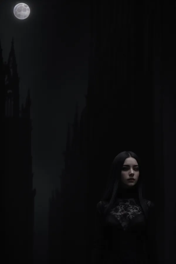 Elegant Gothic Portrait of a Woman in Black Lace Dress Under Full Moon with Historic Castle Silhouette
