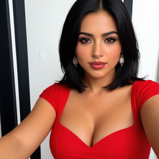 Elegant Self-Portrait of a Woman in a Red Deep-Neckline Formal Dress with Sparkling Earrings, Bold Makeup, and Studio Lighting Composition