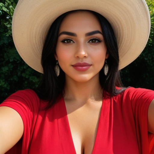 Stylish woman wearing red deep V-neck dress and beige wide-brimmed hat taking a sunny outdoor selfie with lush greenery background for natural light fashion portrait photography