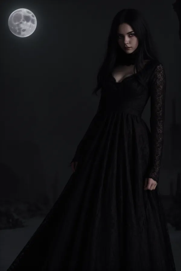 Mysterious Gothic Woman in Long Black Lace Evening Dress Under Full Moon Night Sky, Dark Fashion Portrait with Dramatic Lighting and Elegant Silhouette