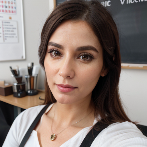 Photorealistic High-Resolution Portrait of a Woman in White Casual Top with Subtle Makeup, Natural Light, Confident Expression, Office Background, Professional Selfie Photography