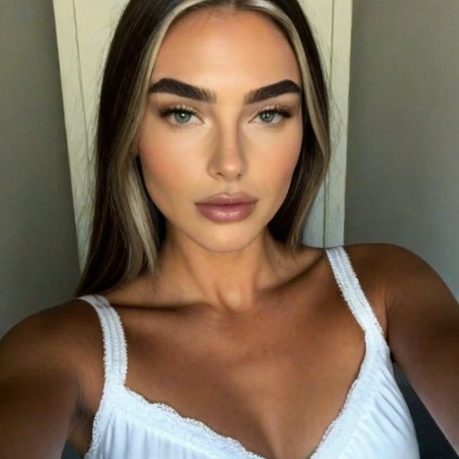 Close-up portrait of a woman with elegant makeup, long brown hair featuring blonde highlights, wearing a white lace-trimmed sleeveless top, soft natural lighting, modern aesthetic, confident expression, photorealistic photograph