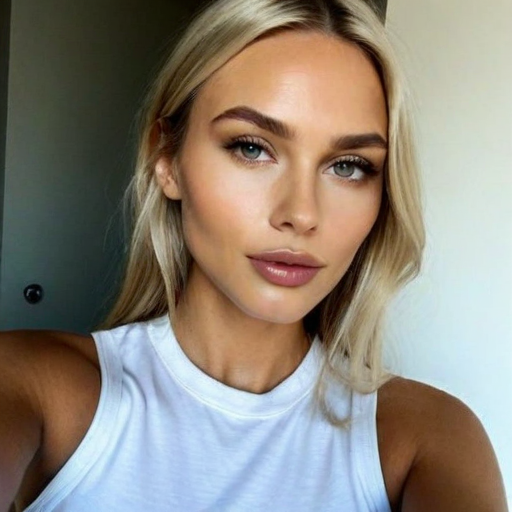 Photorealistic portrait of a blonde woman with natural makeup wearing a white sleeveless top, soft lighting, serene expression, modern indoor setting