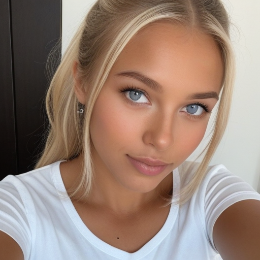 Close-up portrait of a woman with blonde hair and blue eyes wearing a white t-shirt, soft natural lighting, serene expression, indoor setting with dark and light background elements