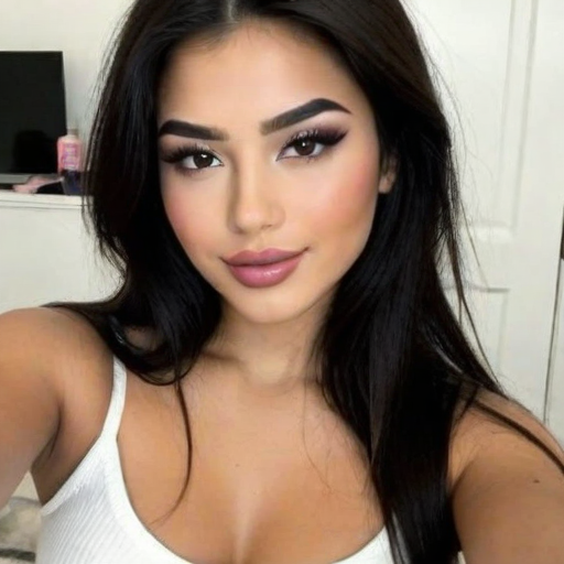 Confident Portrait of a Woman with Long Dark Hair and Natural Makeup in White Tank Top, Soft Lighting, Bedroom Background Photography