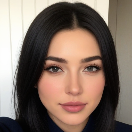 Photorealistic Portrait of a Woman with Dark Hair and Natural Makeup in Soft Lighting, Capturing a Serene and Confident Mood with Balanced Composition