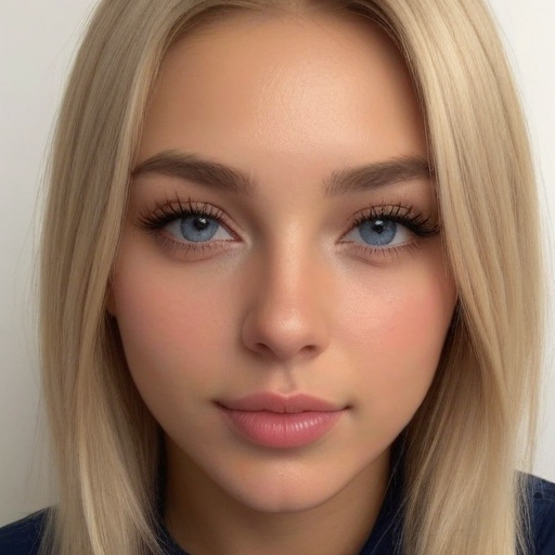 Photorealistic portrait of a woman with platinum blonde hair, blue eyes, natural makeup, soft studio lighting, and clean background for beauty and fashion imagery