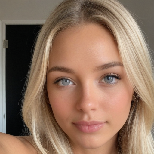Photorealistic Close-Up Portrait of a Woman with Blonde Hair and Natural Makeup in Soft Lighting Photography