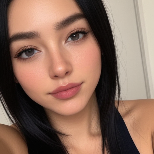 Stunning Photorealistic Portrait of a Woman with Long Dark Hair, Soft Makeup, and Natural Lighting in a Minimalist Setting