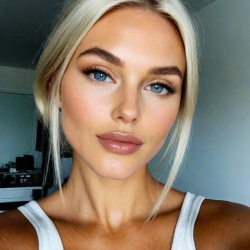 Stylish Portrait of a Woman with Blonde Hair and Blue Eyes in Casual Indoor Setting, Featuring Soft Makeup and Natural Light