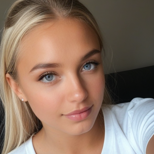 Close-up photorealistic portrait of a young woman with blonde hair and striking blue eyes, wearing a white top in soft natural lighting, showcasing smooth skin and serene expression for photography enthusiasts