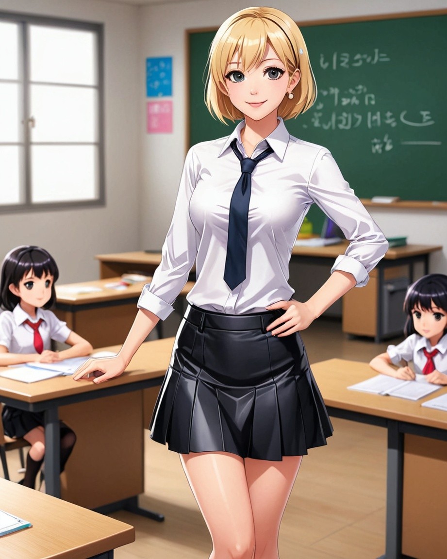 Anime digital painting of a confident female teacher in school uniform, classroom setting with students at desks, detailed background, bright lighting and professional mood