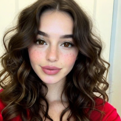 Photorealistic close-up portrait of a woman with voluminous curly brown hair wearing a vibrant red top in soft natural light, warm inviting mood, detailed facial features