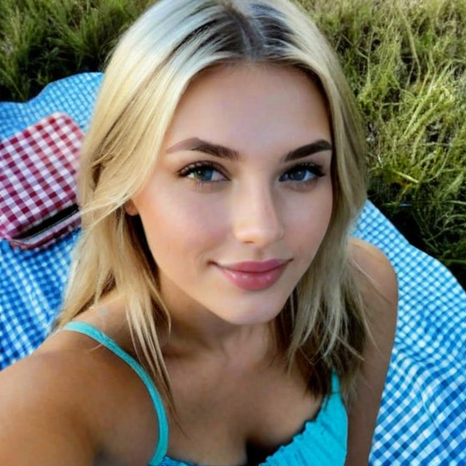 Photorealistic Portrait of a Woman in Blue Sleeveless Top on Blue Checkered Blanket with Green Grass Background, Outdoor Summer Scene, Natural Light, Casual Selfie Style