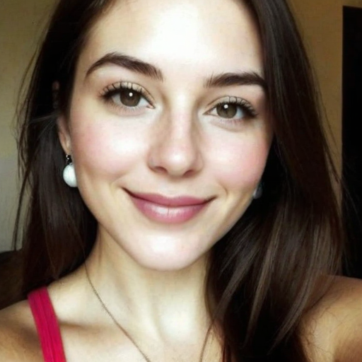 Smiling woman portrait with long brown hair, pearl earrings, red top in natural light, warm confident mood
