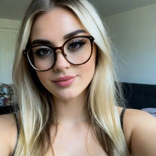 Stylish Female Portrait Selfie with Long Blonde Hair and Round Glasses in Natural Light Indoor Setting Featuring Soft Makeup and Casual Lifestyle Aesthetic