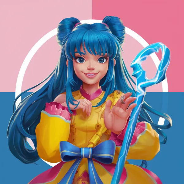 Vibrant Digital Illustration of a Blue-Haired Fantasy Girl in Yellow and Pink Dress Holding Magic Staff, Colorful Portrait Art with Pastel Background