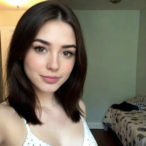 Photorealistic lifestyle portrait of a young woman with natural makeup and short brown hair wearing a white polka dot top in a cozy bedroom with soft natural lighting, ideal for beauty and self-portrait photography