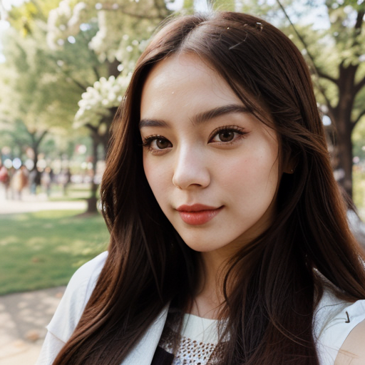 Photorealistic outdoor portrait of a young woman with long straight brown hair in a sunlit park, natural light, serene expression, casual white outfit with lace detail