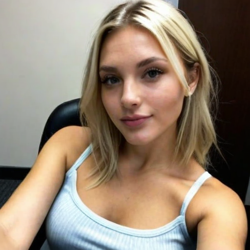 Casual indoor portrait of a blonde woman wearing a light blue ribbed tank top with natural lighting, relaxed expression, and soft makeup for a genuine selfie-style shot