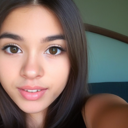 Close-up natural light selfie of a young woman with long dark hair, soft makeup, and gentle expression in an indoor setting
