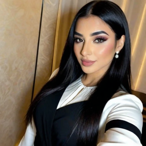 Elegant Portrait of a Confident Woman with Long Dark Hair, Smoky Eye Makeup, and Stylish Black and White Attire in a Luxurious Interior Setting
